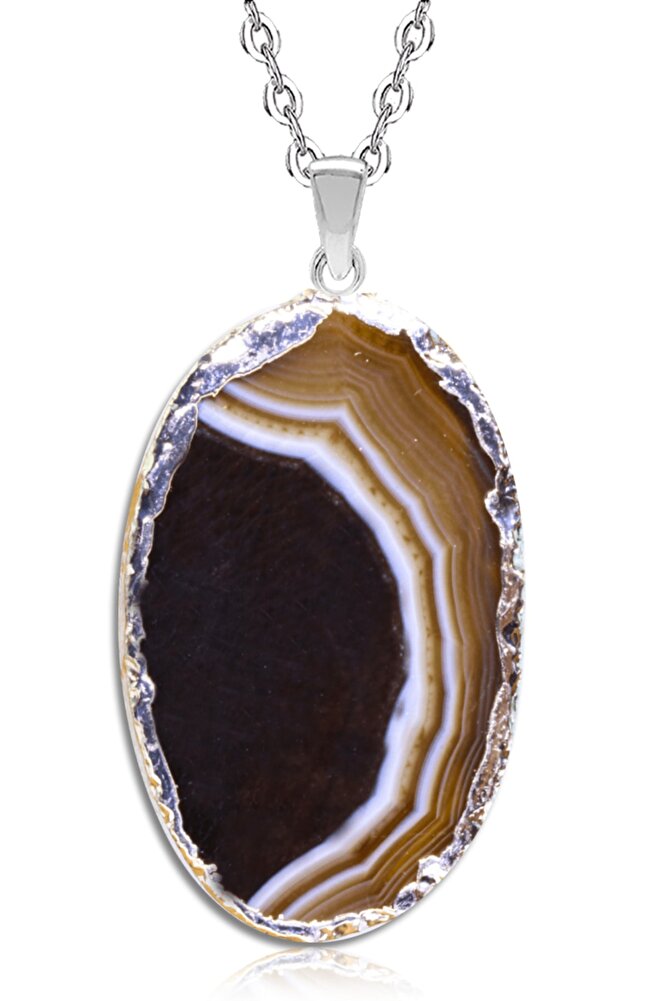 Sertifikalı Koyu Siyah Kahverengi Doğal Desen Akik Taşı Kolye