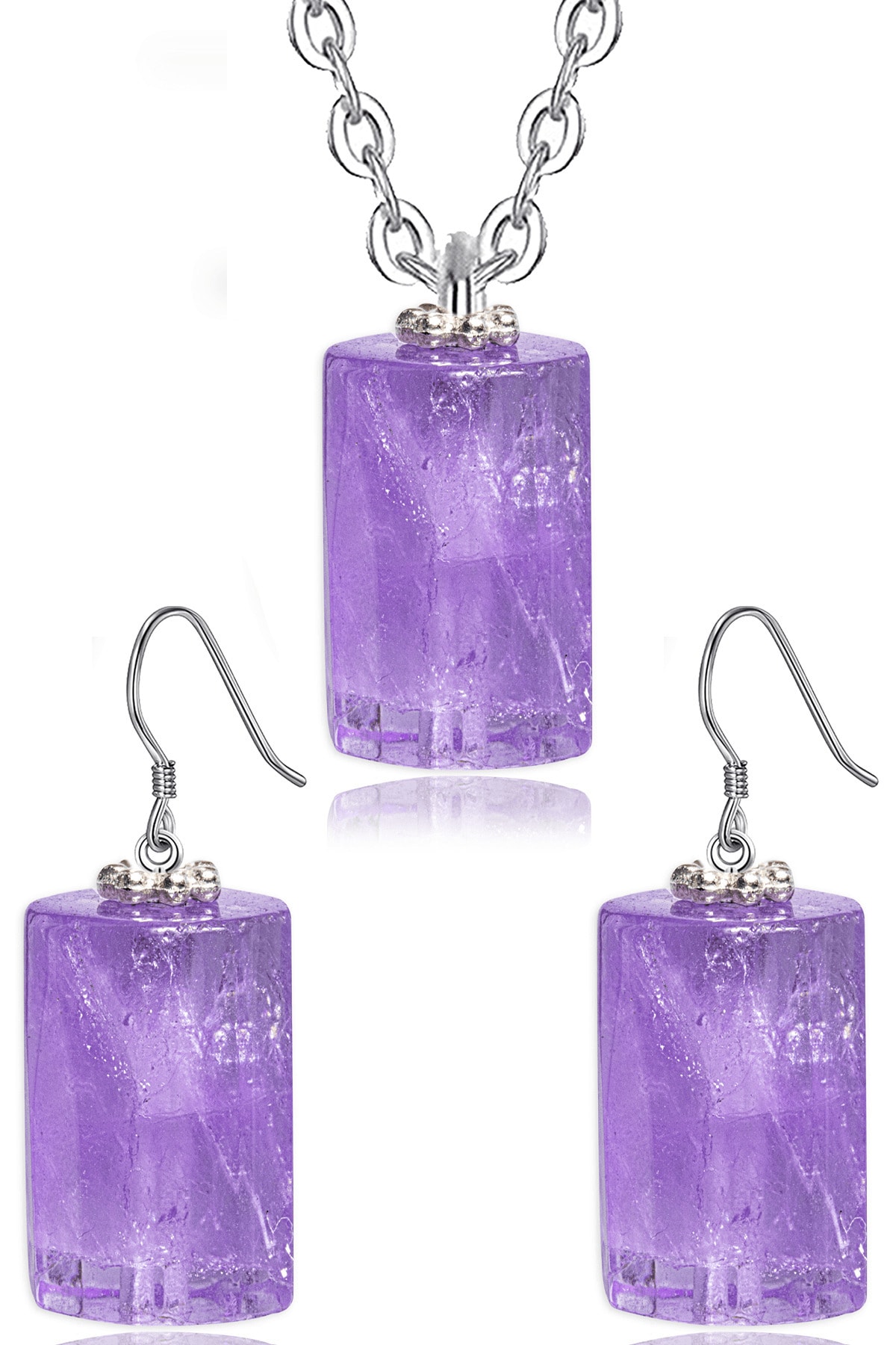 Sertifikalı Doğal Ametist Taşı Doğal Taş Kolye Küpe Seti