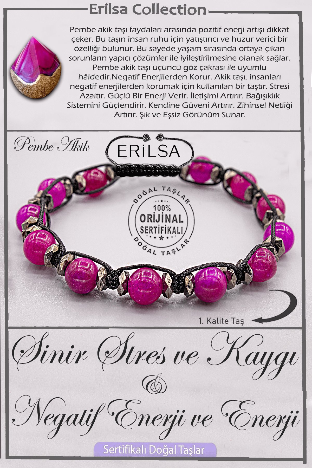 Sertifikalı AAA+ Kalite Doğal Pembe Akik Taşı Bileklik - Stresi Sil Sevgi ve Huzuru Hisset