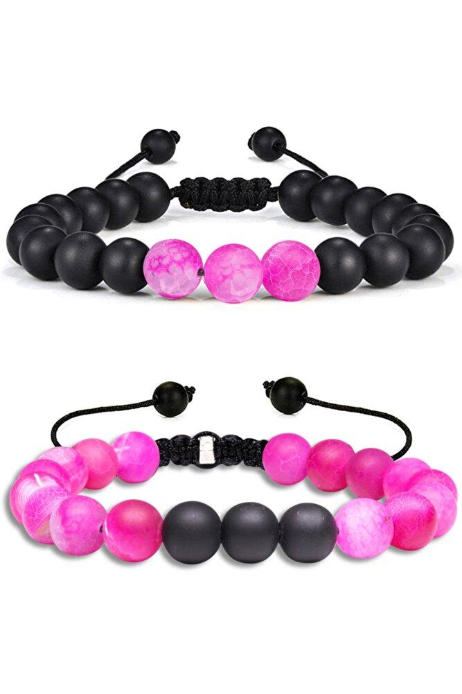 Sertifikalı Doğal Pembe Akik Oniks Taşı Doğal Taş Bileklik Seti