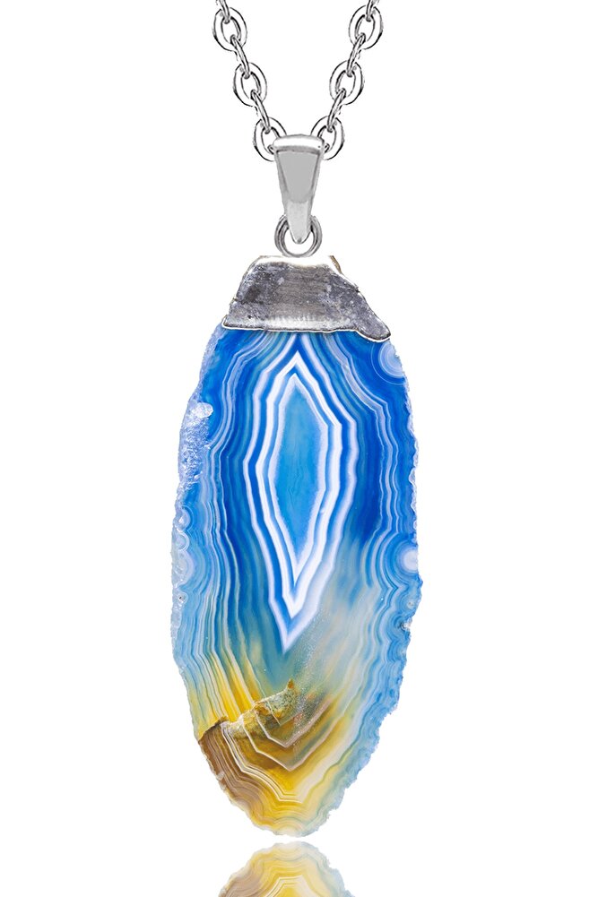 Sertifikalı Ham Doğal Mavi Akik Taşı Plaka Kolye