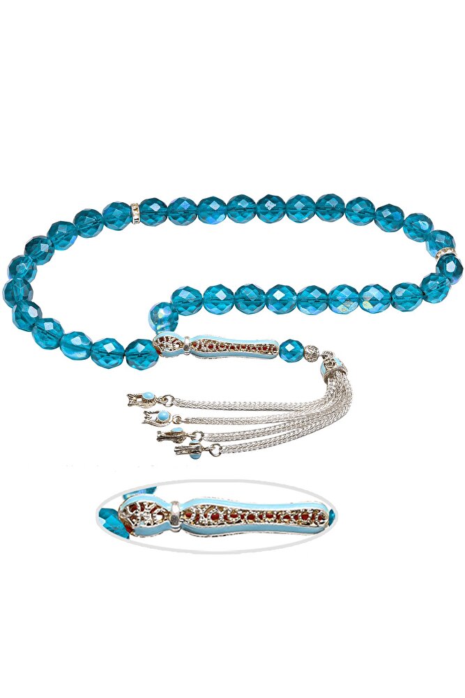 Sertifikalı Telkari Püskül Fasetli Mavi Doğal Kuvars Taşı Tesbih