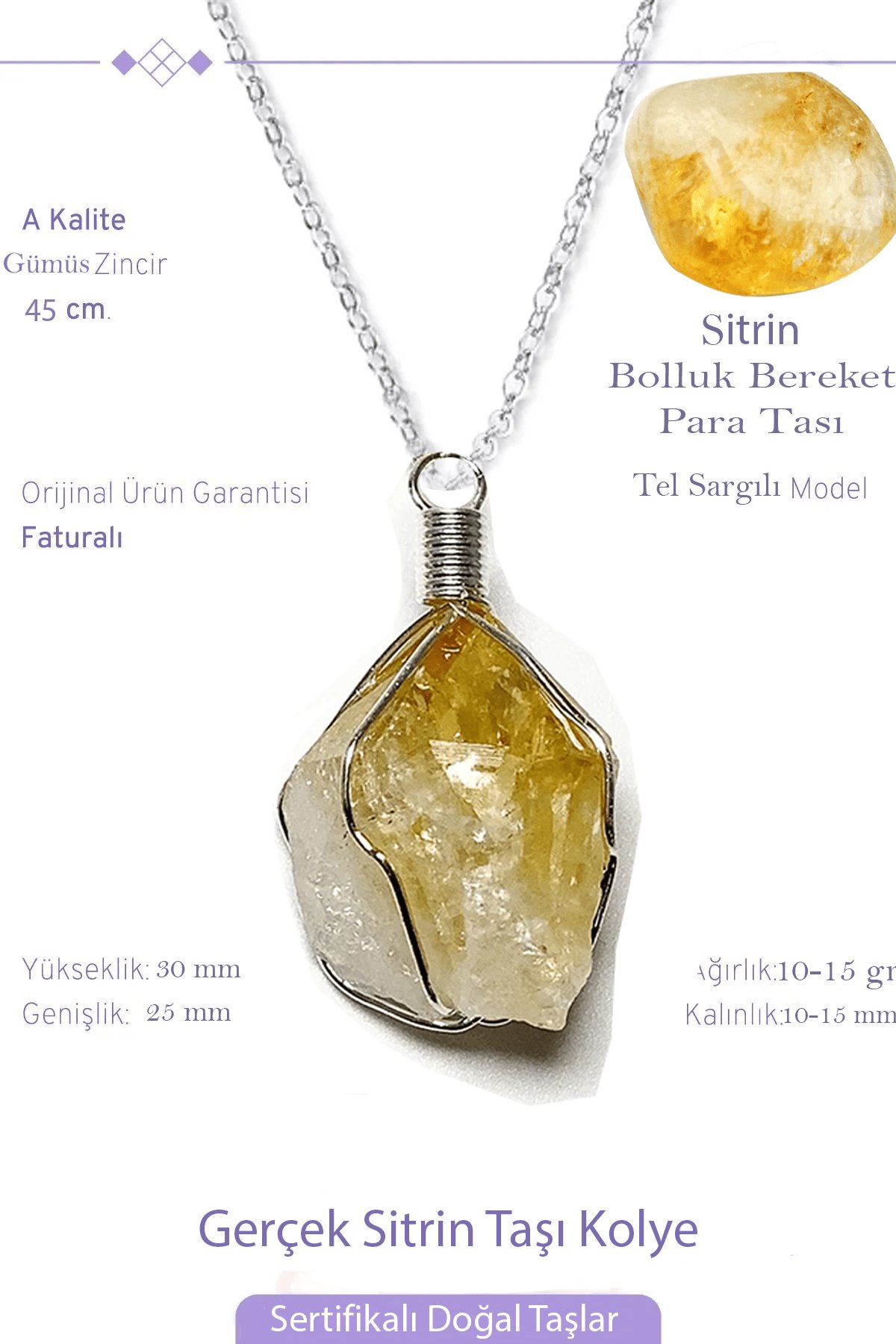 Sertifikalı Gerçek Tel Sargılı Ham İşlenmemiş Sitrin Taşı Kolye