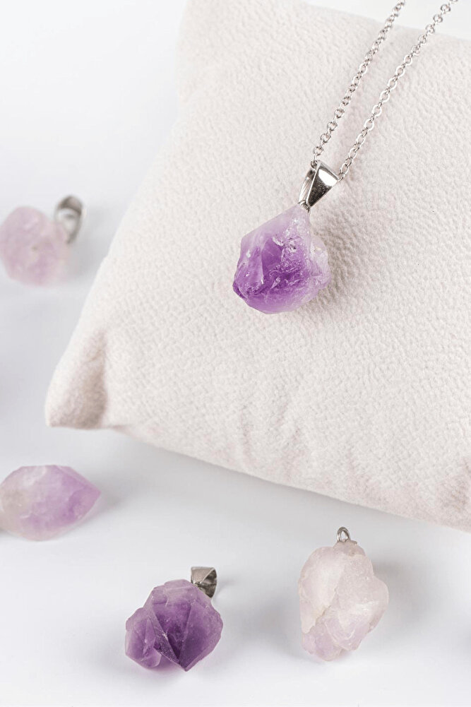 Sertifikalı Ham Işlenmemiş Ametist Taşı Kolye - Gümüş Aparatlı