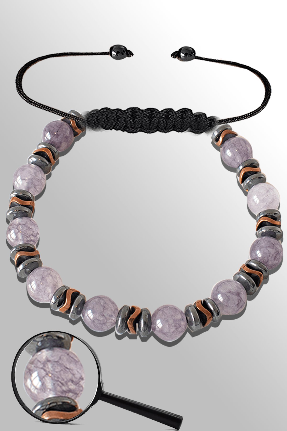 Sertifikalı Rose Silver Hematitli Gri Akik Taşı Bileklik - Ayarlamalı