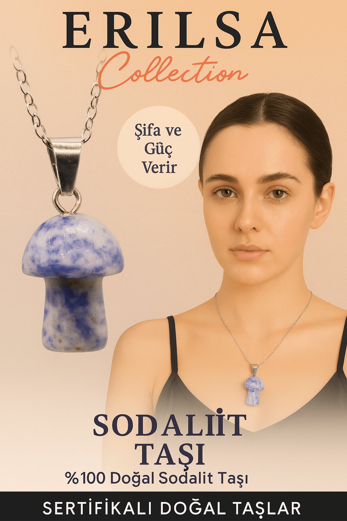 Sertifikalı Mantar Model Sodalit Taşı Kolye - Şifa ve Güç Veren Doğal Taş Kolye