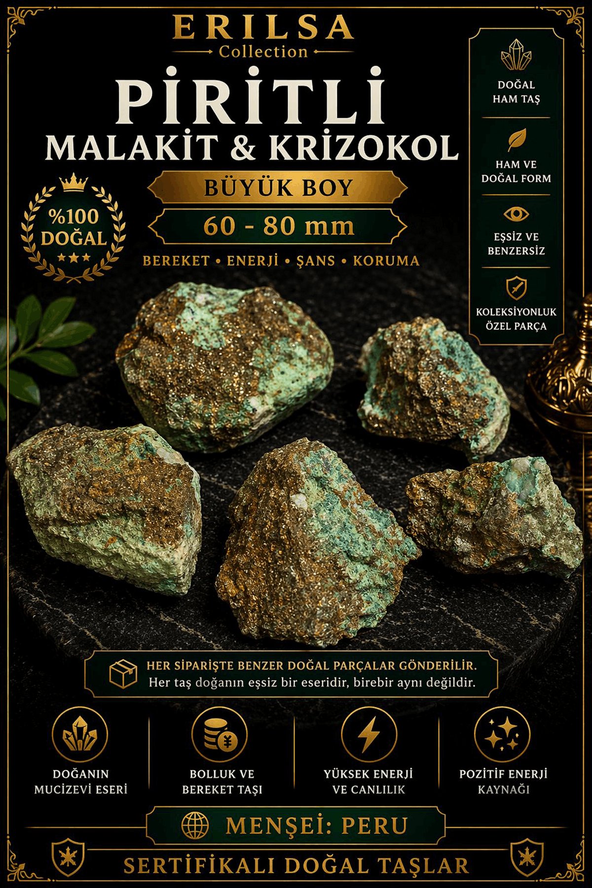 Sertifikalı Piritli Malakit Krizokol Taşı Kütle - 60-80 mm Büyük Boy Doğal Ham Koleksiyonluk