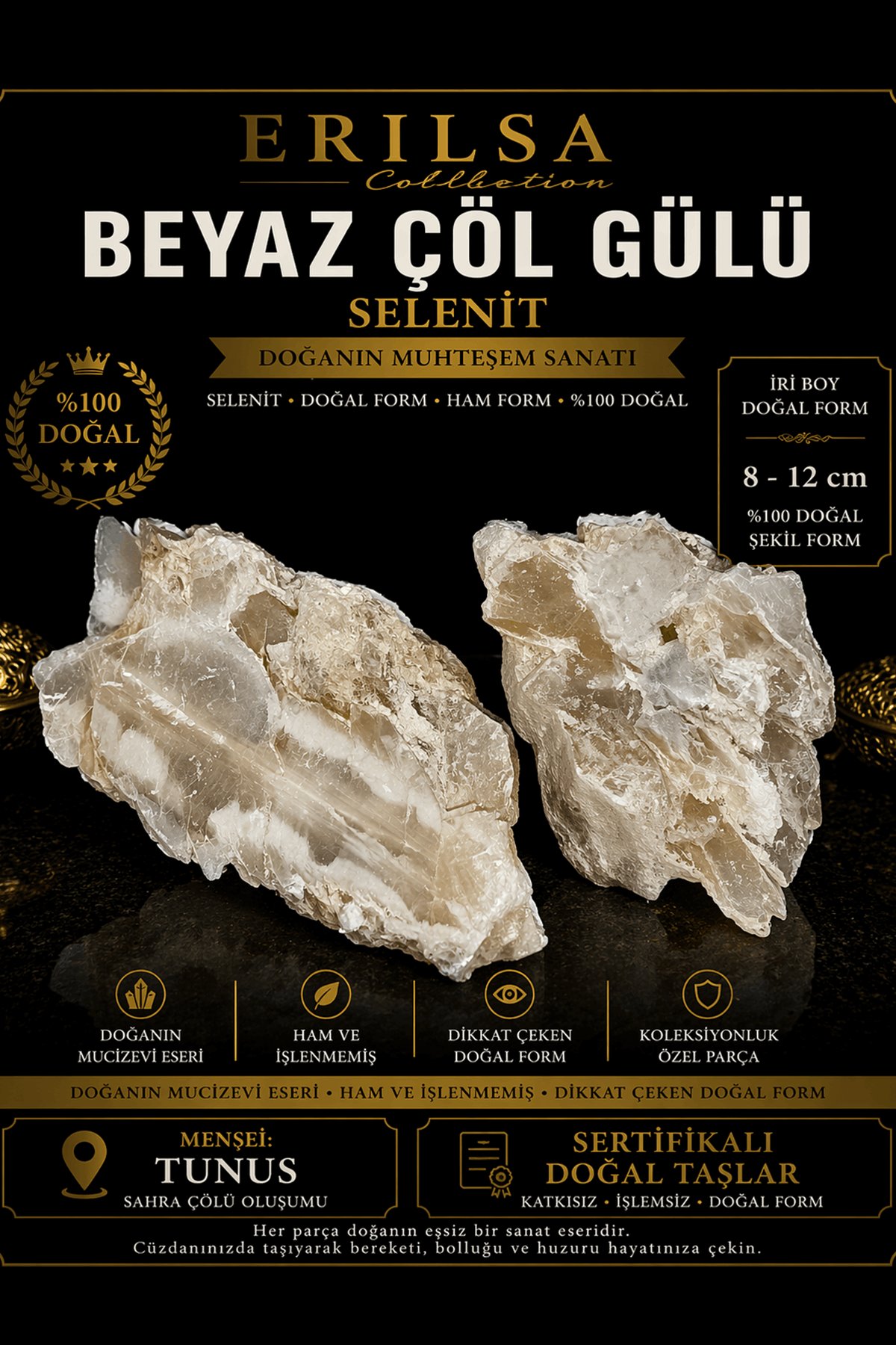 Sertifikalı Beyaz Çöl Gülü Selenit Taşı Kütle - 8-12 cm İri Boy Doğal Ham Kristal Koleksiyonluk