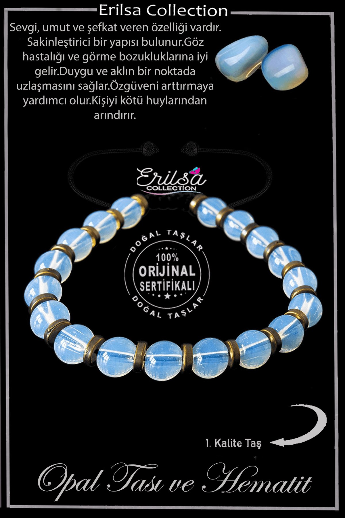 Sertifikalı Gerçek Hematit - Opal Taşı Bileklik - Ayarlamalı
