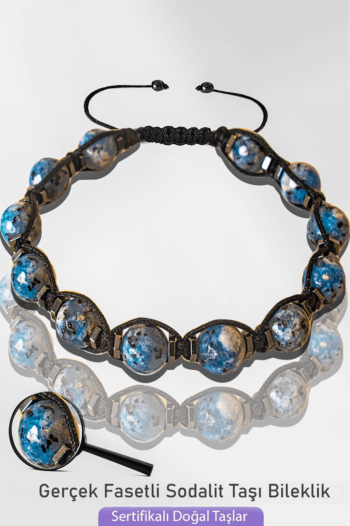 Sertifikalı Makrome Doğal Fasetli Sodalit Taşı Bileklik - Ayarlamalı