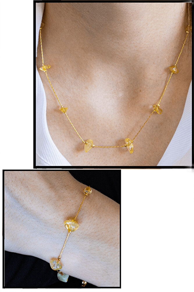 Sertifikalı Sitrin Taşlı Doğal Taş Kolye Bileklik Seti - Altın Renk