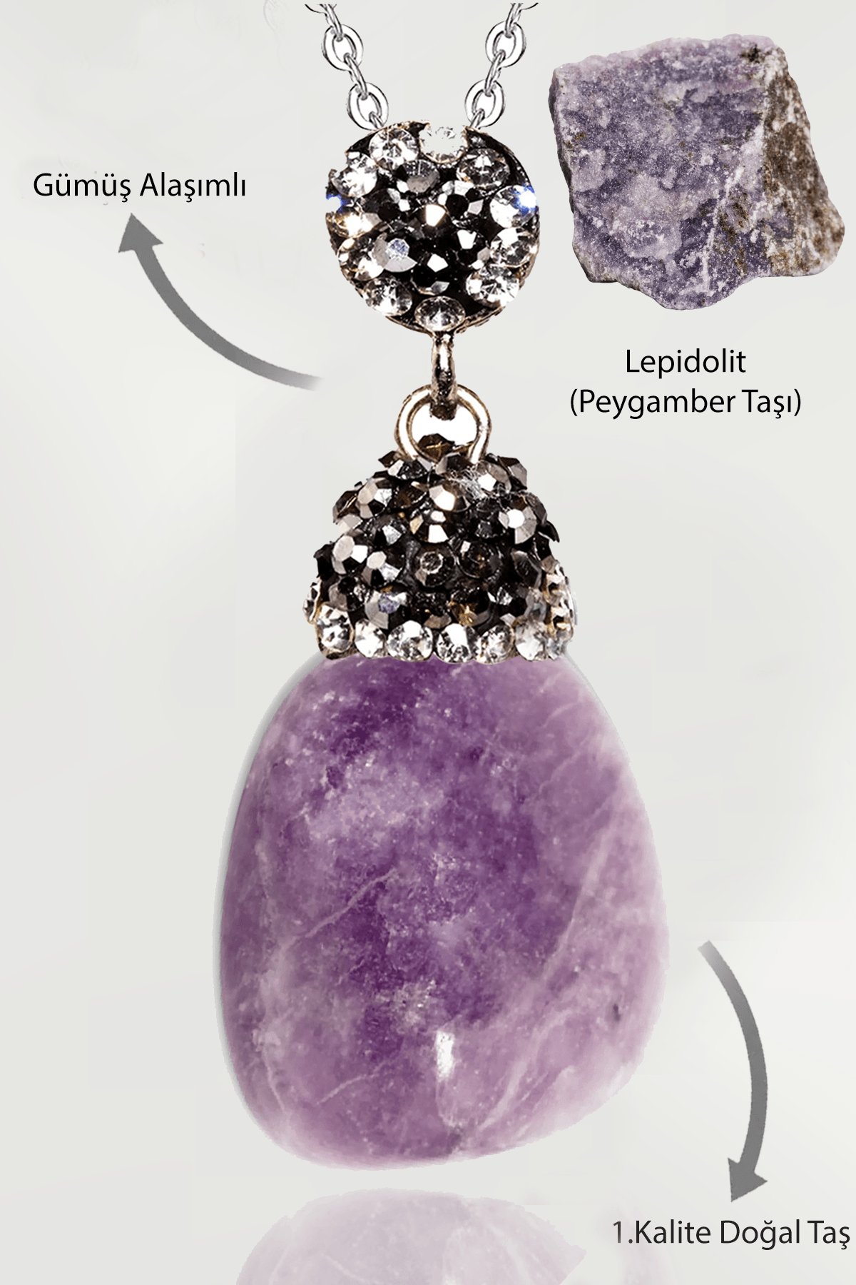 Sertifikalı Zirkon Taşlı Tamburlanmış Lepidolit Taşı Kolye