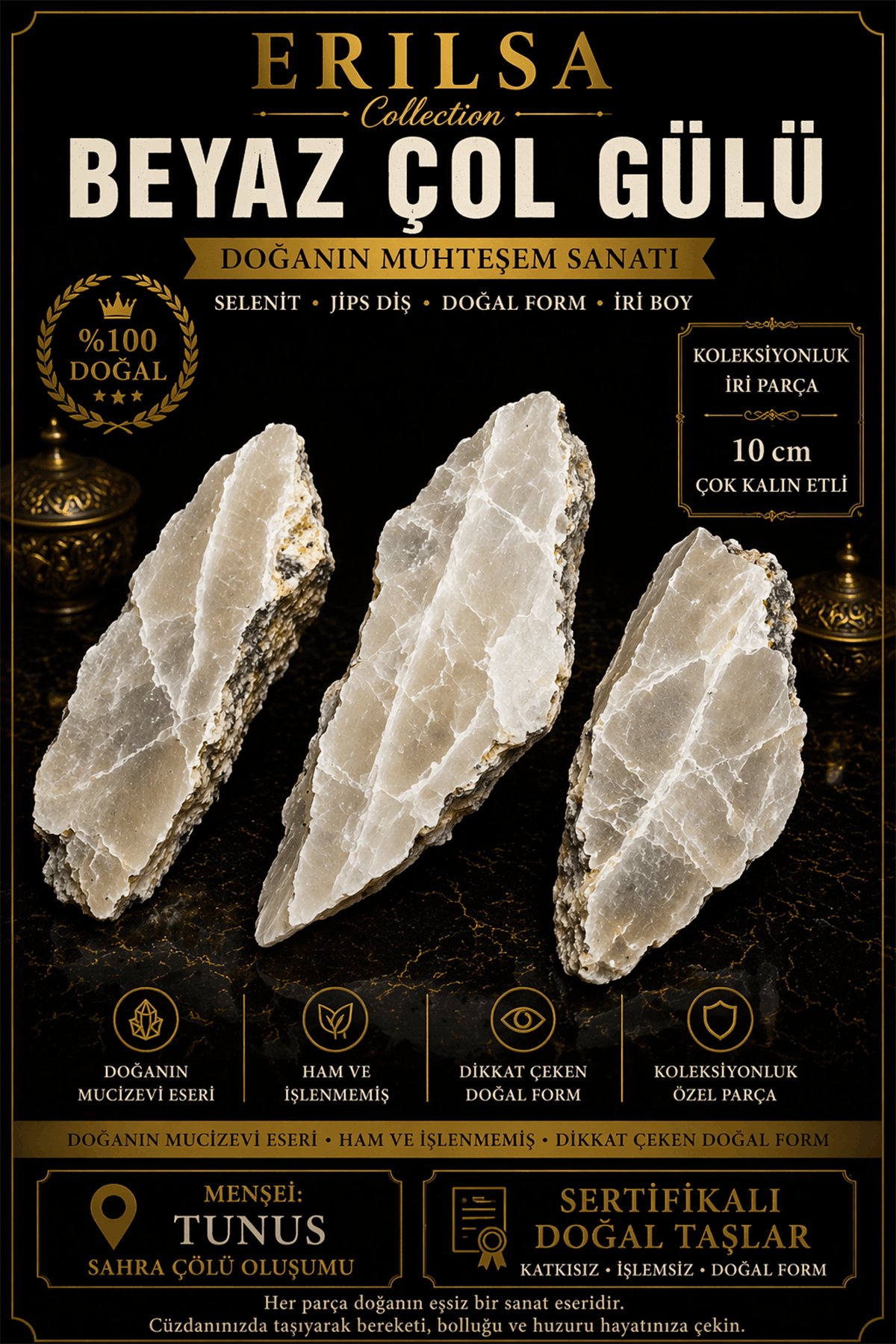 Sertifikalı Beyaz Çöl Gülü Selenit Taşı Kütle - 10 cm Çok Kalın Etli İri Koleksiyonluk Doğal Taş