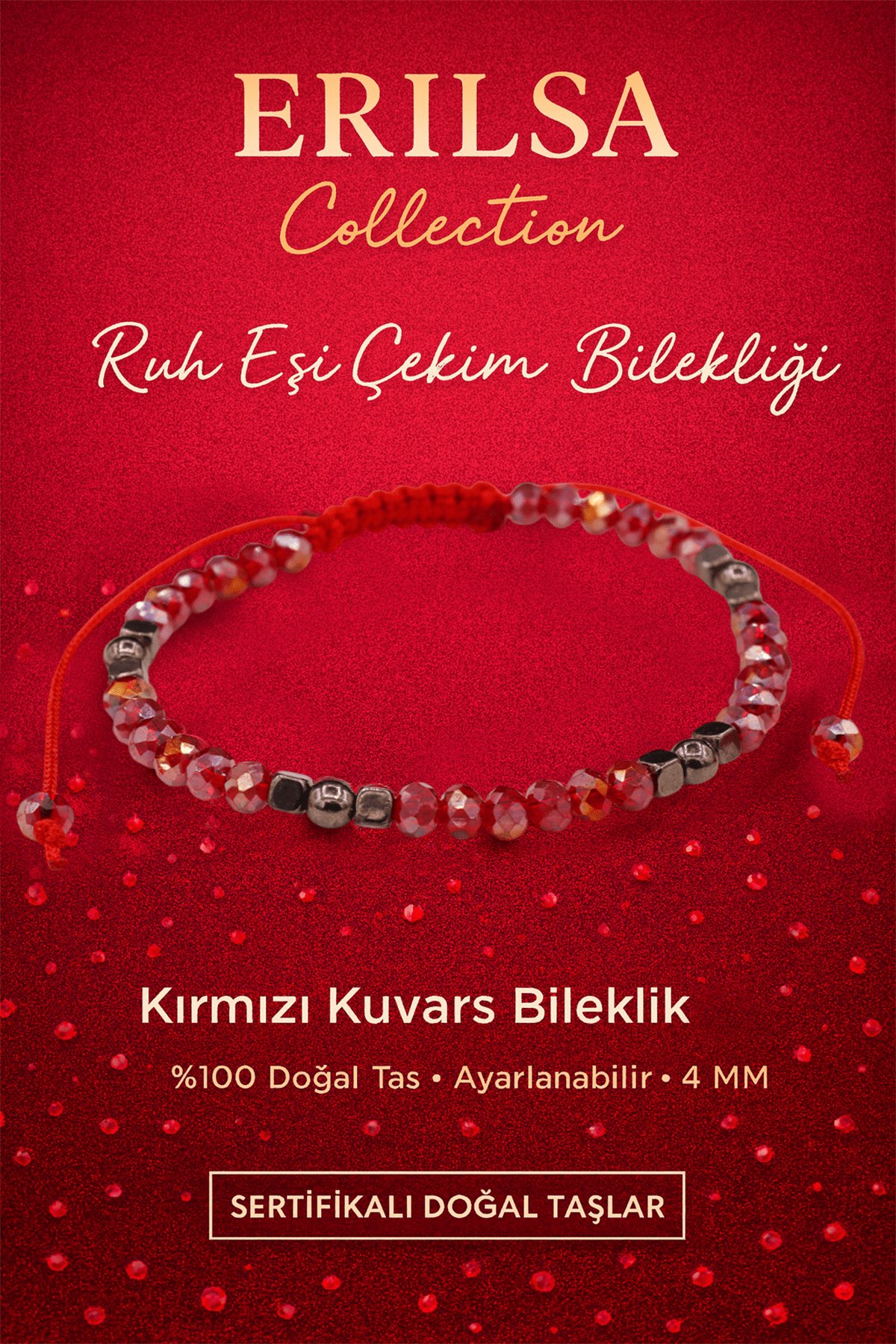 Sertifikalı Ruh Eşi Çekim Enerjisi Bilekliği – Kırmızı Kuvars ve Terahertz Doğal Taş 4 mm