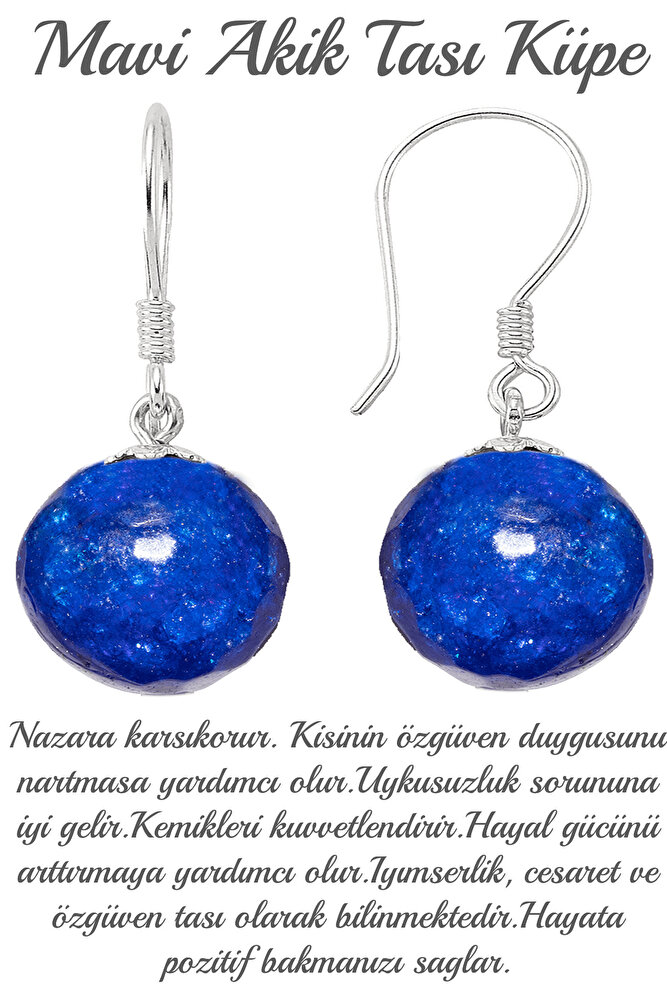 Sertifikalı Gümüş Alaşımlı Mavi Akik Taşı Küpe