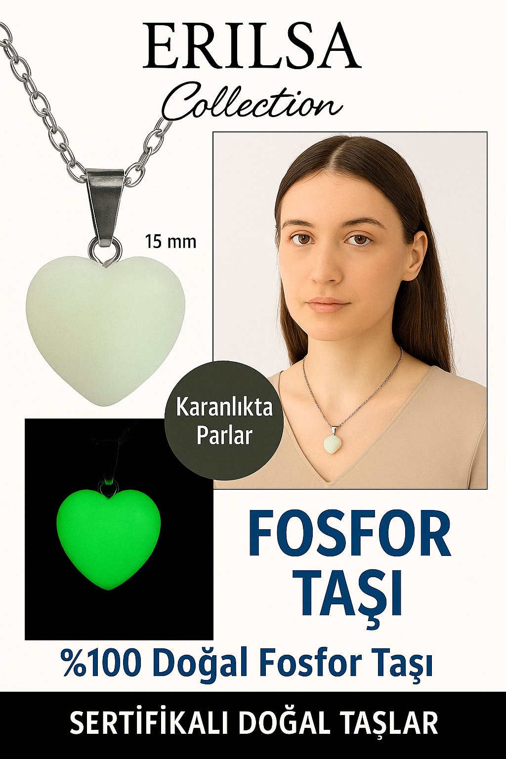 Sertifikalı Kalp Model Mini Fosfor Taşı Kolye – Işıltı, Canlılık ve Yüksek Enerji Taşı