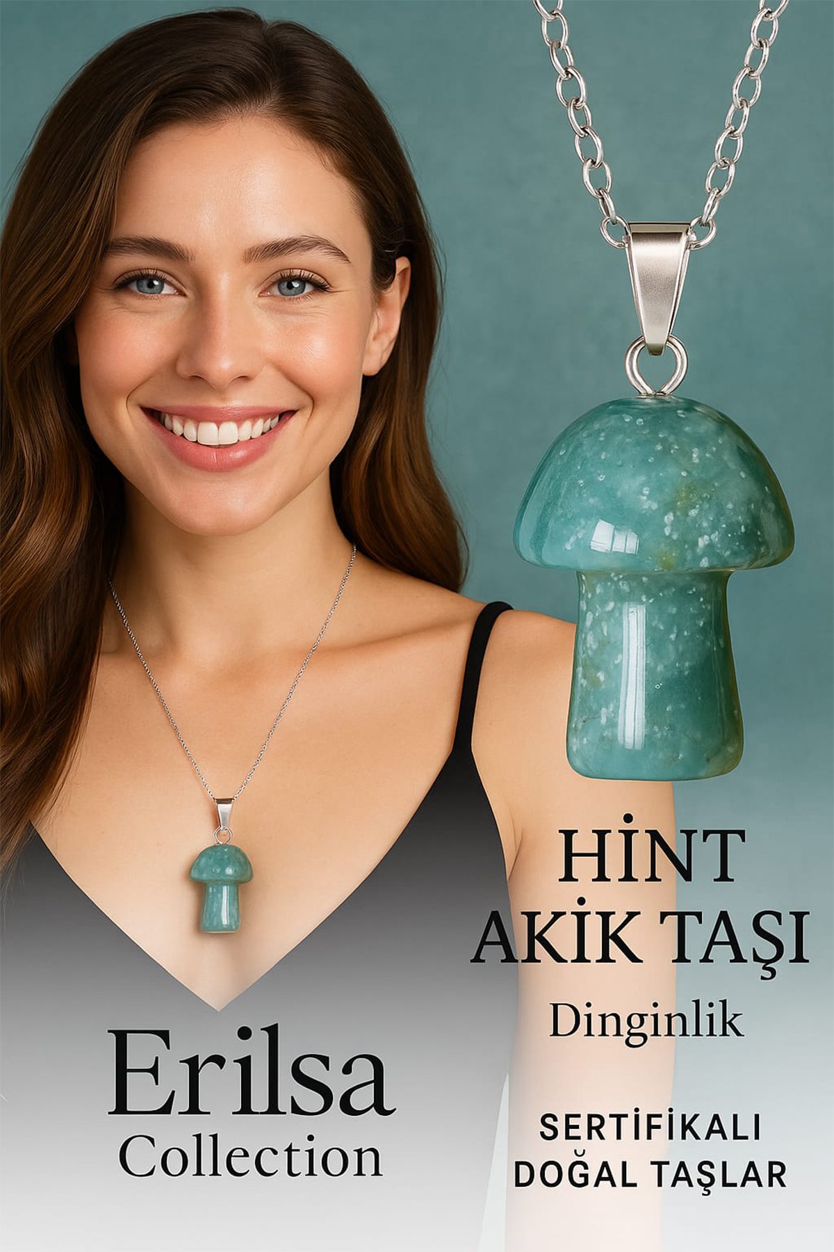 Sertifikalı Mantar Model Hint Akik Taşı Kolye (Gümüş Aparatlı)