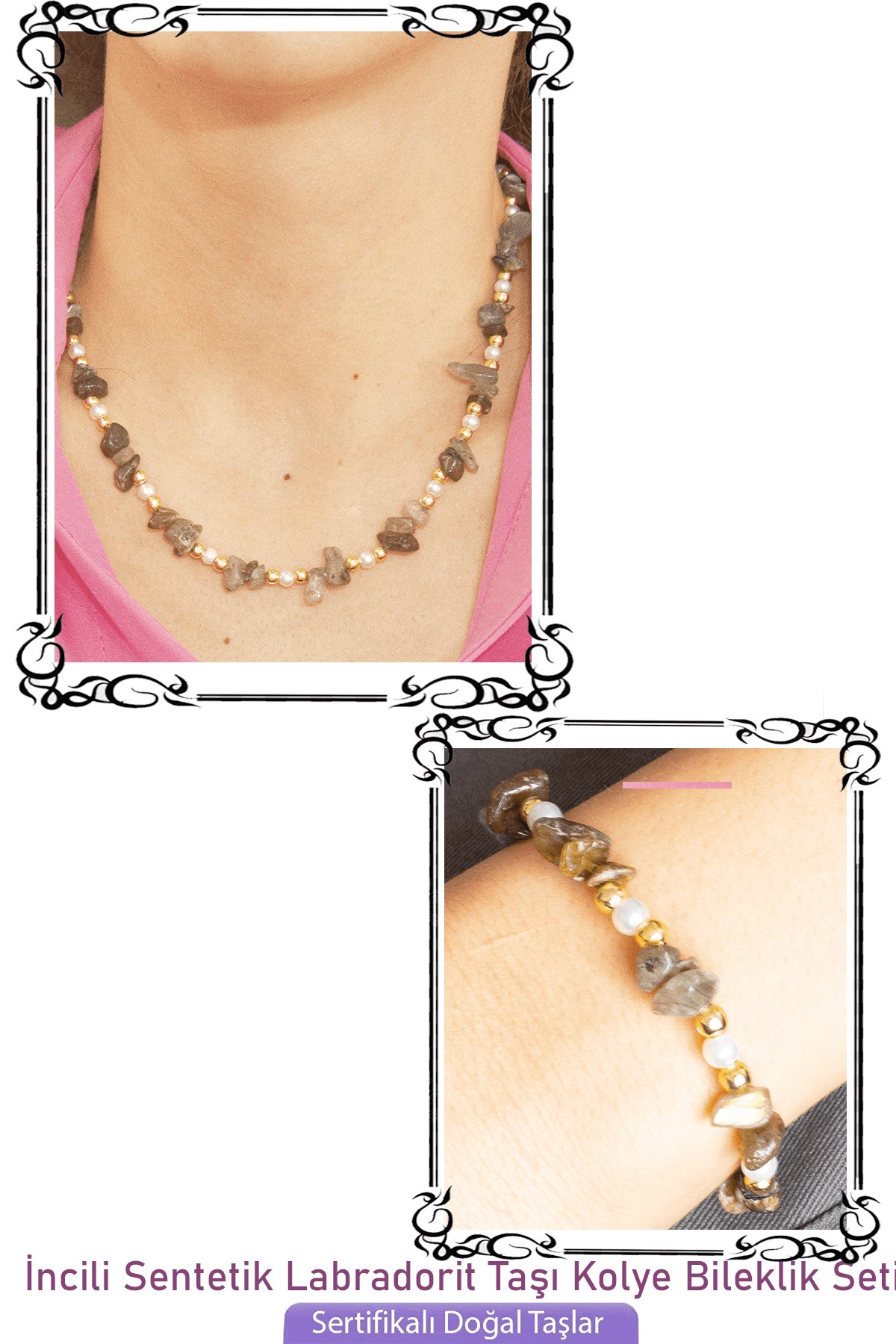 Sertifikalı İncili Labradorit Taşlı Doğal Taş Kolye Bileklik Seti