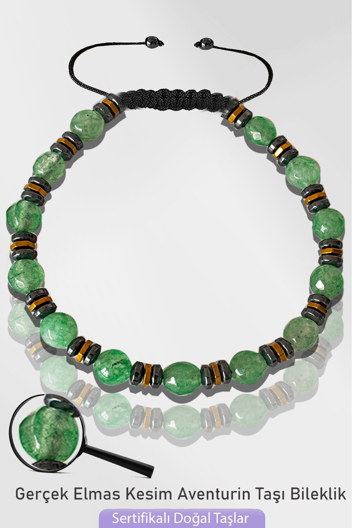 Sertifikalı Silver Hematitli 6mm Fasetli Doğal Aventurin Taşı Bileklik - Ayarlamalı