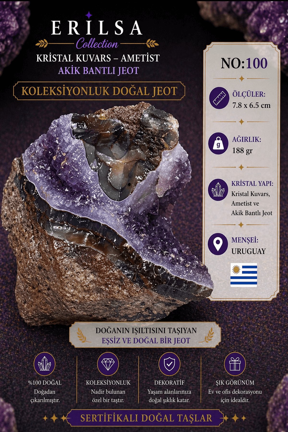 Sertifikalı Kristal Kuvars Ametist Akik Bantlı Jeot Doğal Taş Koleksiyonluk Dekoratif 7.8x6.5 NO100