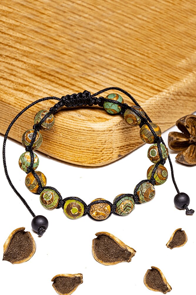 Sertifikalı Yeşil Kahverengi Tibet Akik Taşı Bileklik