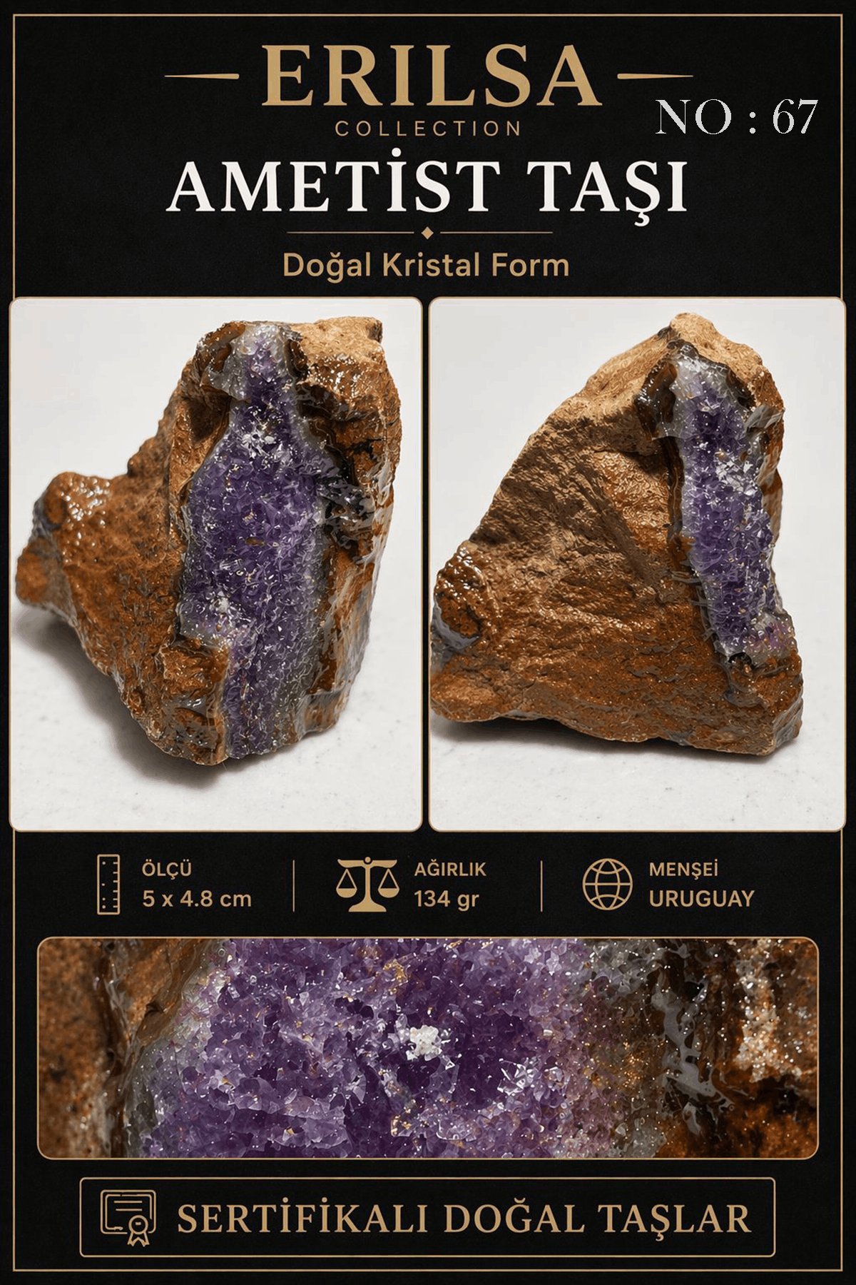 Sertifikalı Doğal Ametist Taşı Kristal Form Ham Kaya Parçası Uruguay NO67