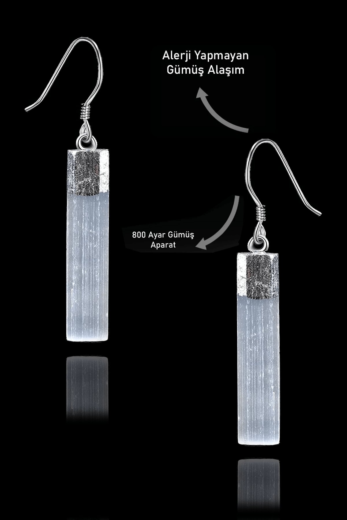 Sertifikalı Ham İşlenmemiş Selenit Taşı Küpe - Gümüş Aparatlı