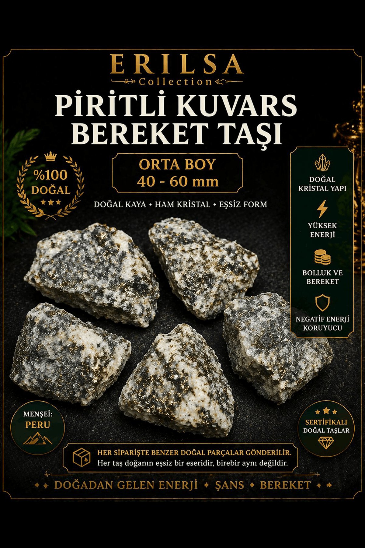 Sertifikalı Doğal Piritli Kuvars Bereket Taşı Ham Kristal 40-60 mm Orta Boy