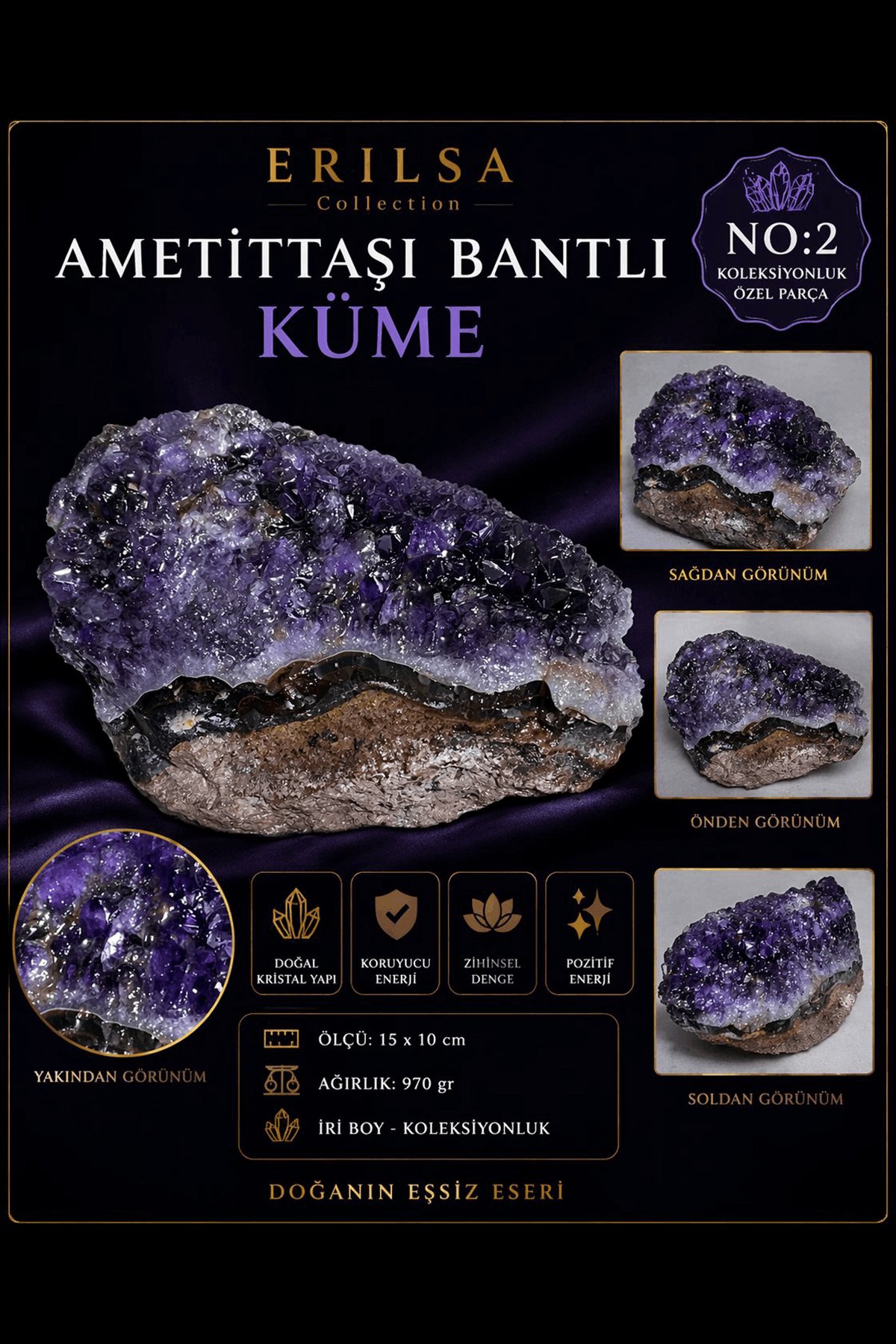 Sertifikalı Ametist Taşı Küme Doğal Taş Kütle Orta Boy Koleksiyonluk Ham Kaya Parça Kristal