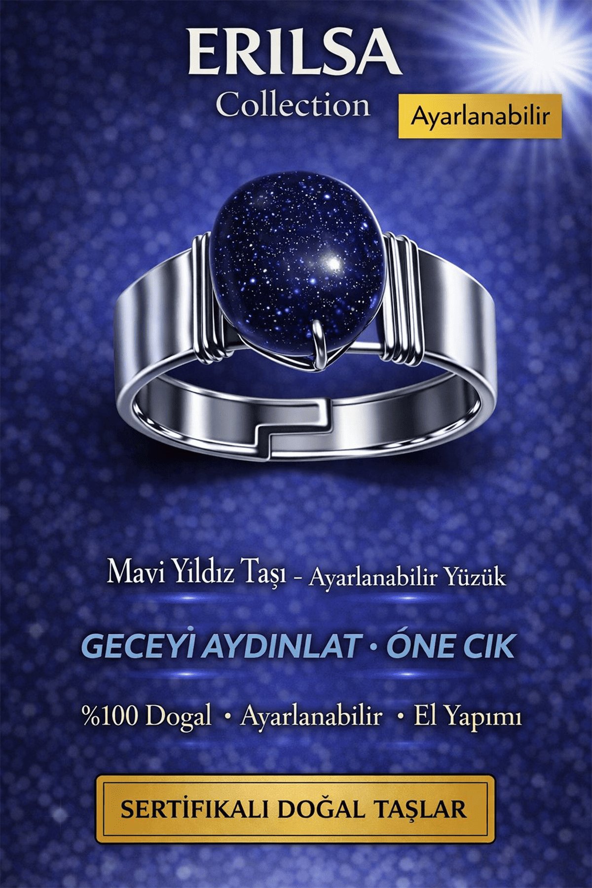 Sertifikalı Mavi Yıldız Taşı Yüzük Doğal Taş Ayarlanabilir El Yapımı Parlak Işıltılı Taş