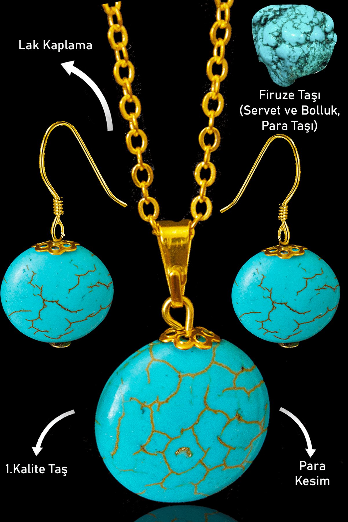 Sertifikalı 24k Altın Kaplama Para Model Firuze Taşı Kolye ve Küpe Seti (Turkuaz Taşı)