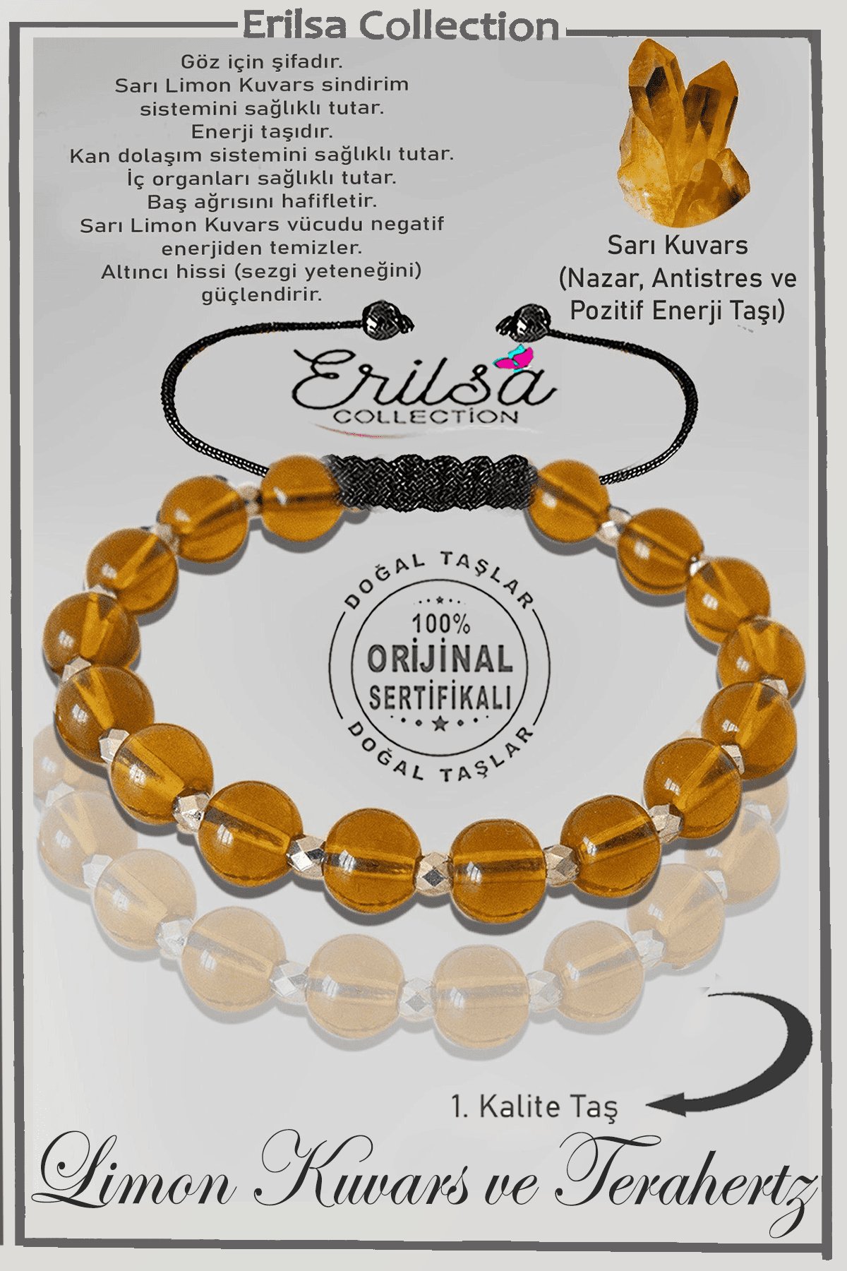 Sertifikalı Gerçek Silver Hematit - Sarı Limon Kuvars Taşı Bileklik - Ayarlamalı