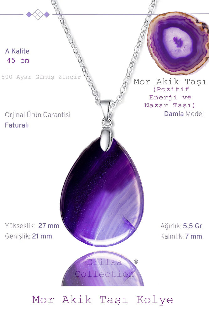 Sertifikalı Damla Model Mor Akik Taşı Kolye (GÜMÜŞ APARATLI)