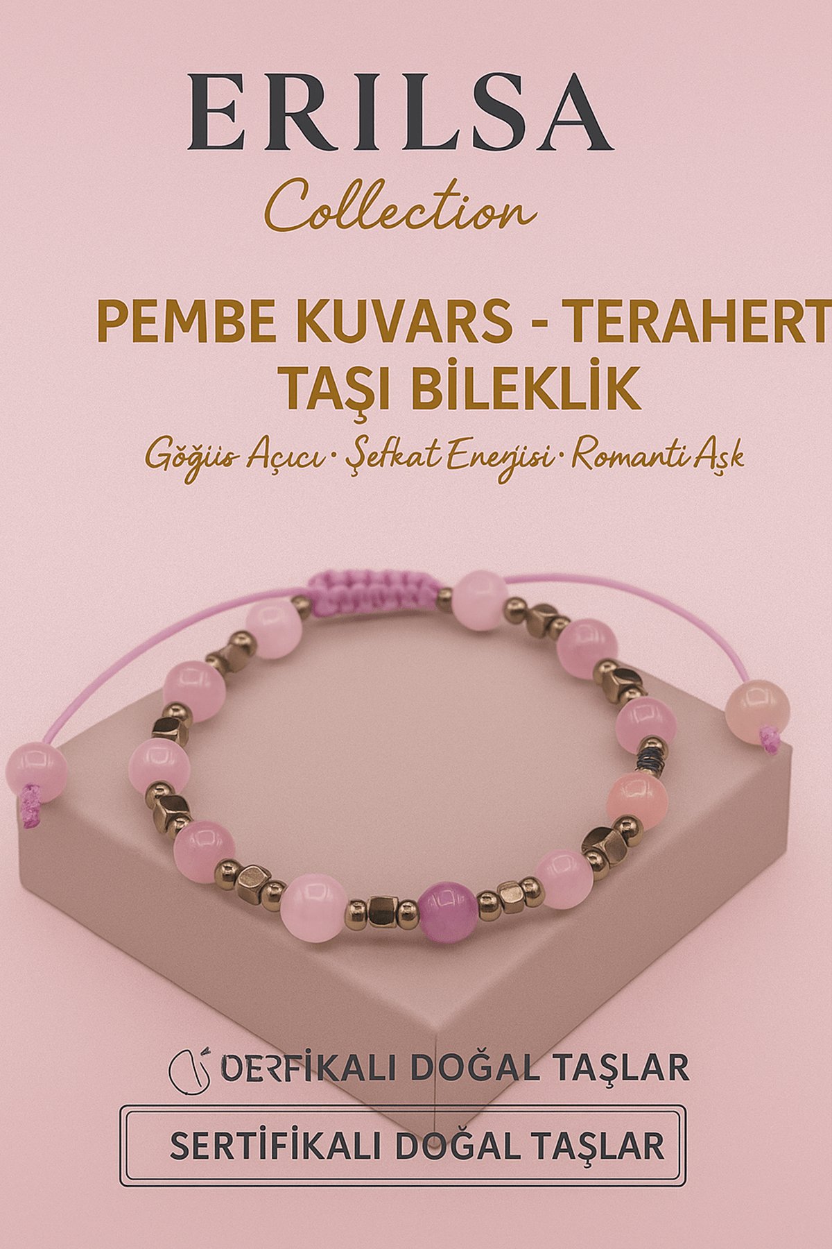 Sertifikalı Terahertz - Pembe Kuvars Taşı Bileklik - Sevgi Şefkat Enerjisi Göğüs Açıcı Doğal Taş