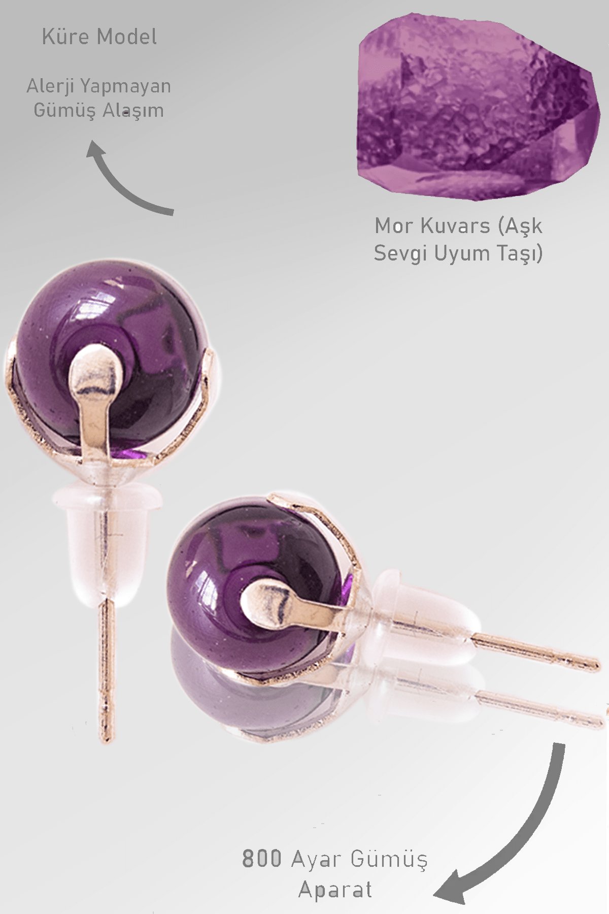 Sertifikalı Gerçek Mor Kuvars Taşı Nokta Doğal Taş Küpe