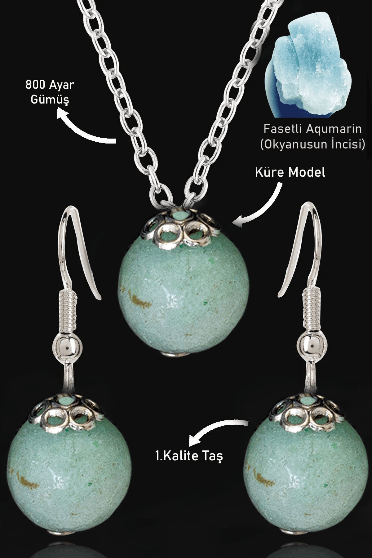 Sertifikalı Fasetli Akuamarin Taşı Kolye ve Küpe Seti