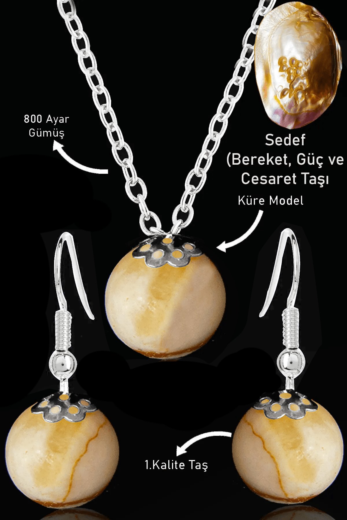 Sertifikalı Küre Model Sedef Taşı Kolye ve Küpe Seti - Gümüş Aparatlı