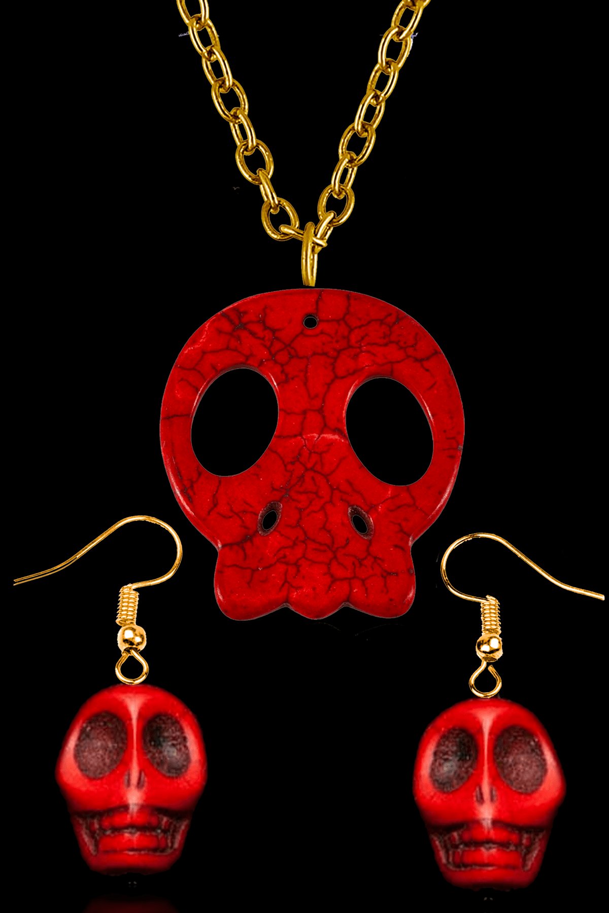 Sertifikalı Gold İskelet Model Kırmızı Havlit Taşı Kolye ve Küpe Seti