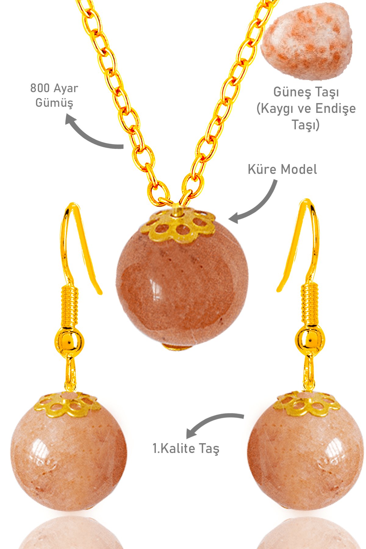 Sertifikalı Gold Küre Model Güneş Taşı Kolye ve Küpe Seti - Gümüş Aparatlı