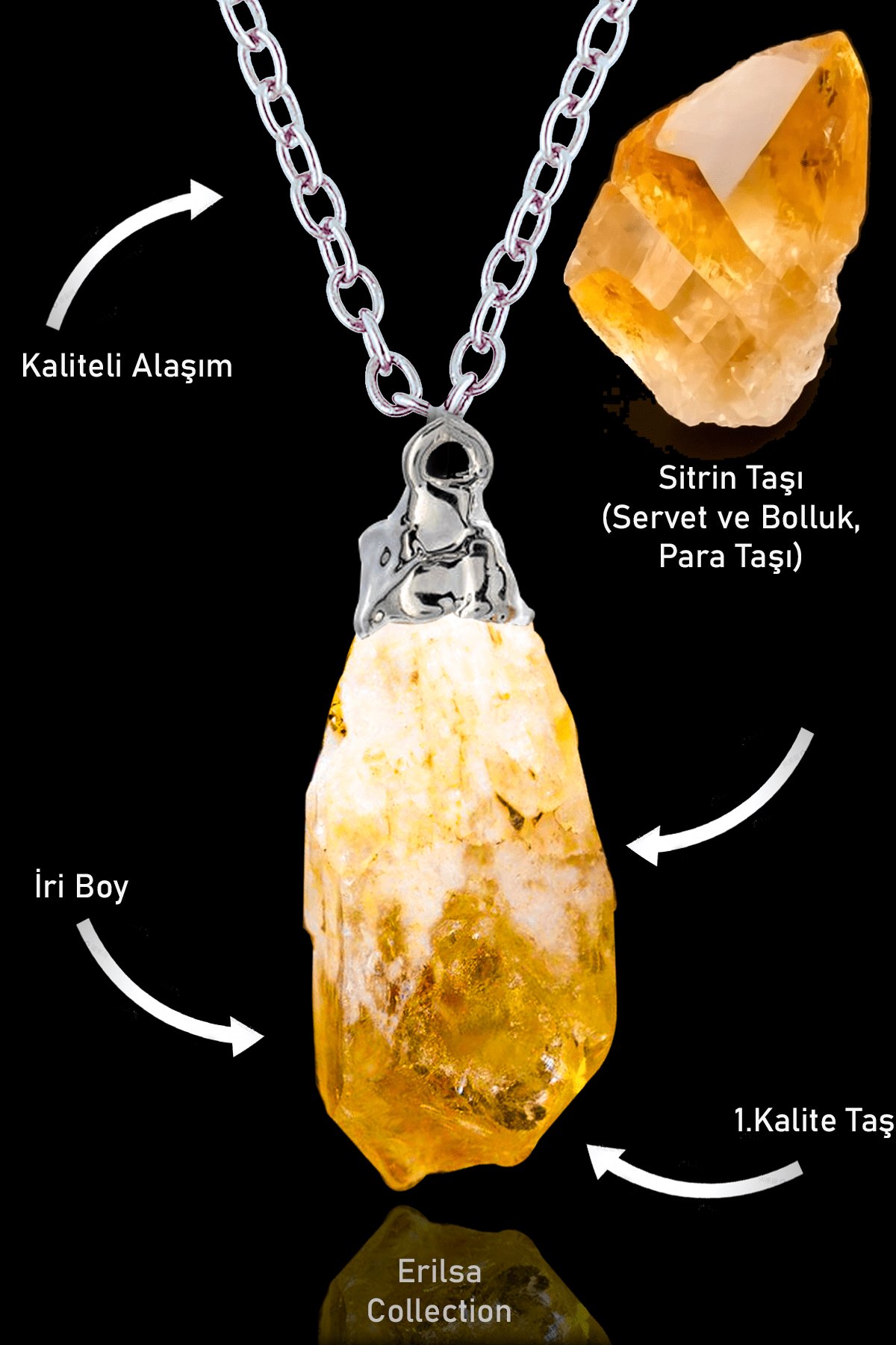 Sertifikalı Ham İşlenmemiş Sitrin Taşı Kolye - XXL