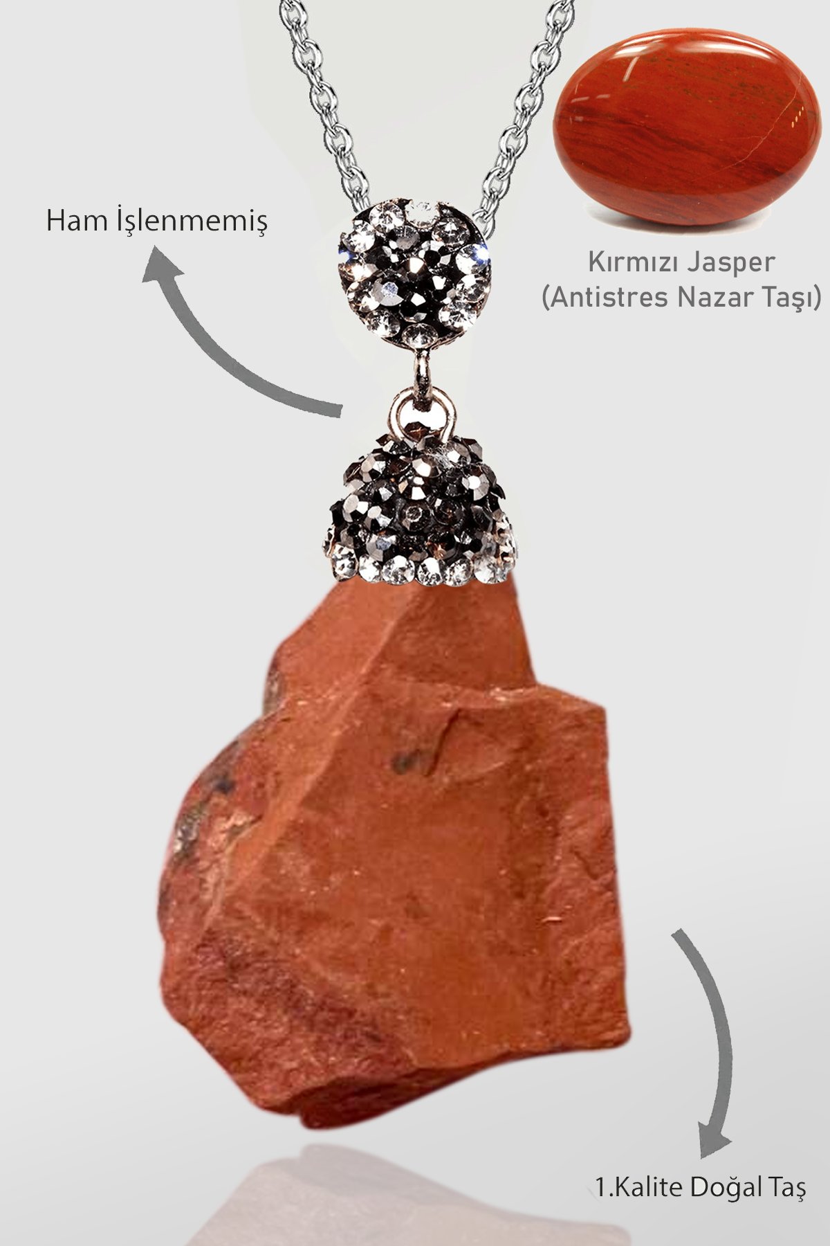 Sertifikalı Zirkon Taşlı Model Ham İşlenmemiş Kırmızı Jasper Taşı Kolye