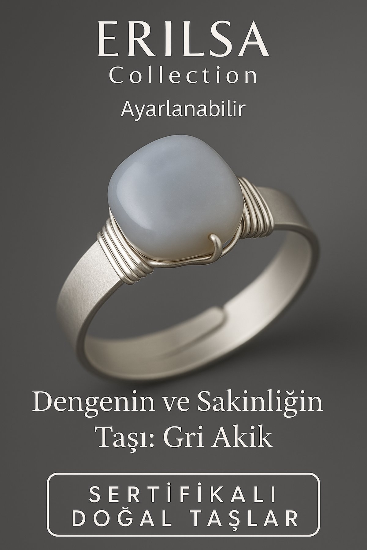 Sertifikalı Doğal Gri Akik Taşı Yüzük – Kalın Tımbıl Kasa Gümüş Renk Ayarlanabilir