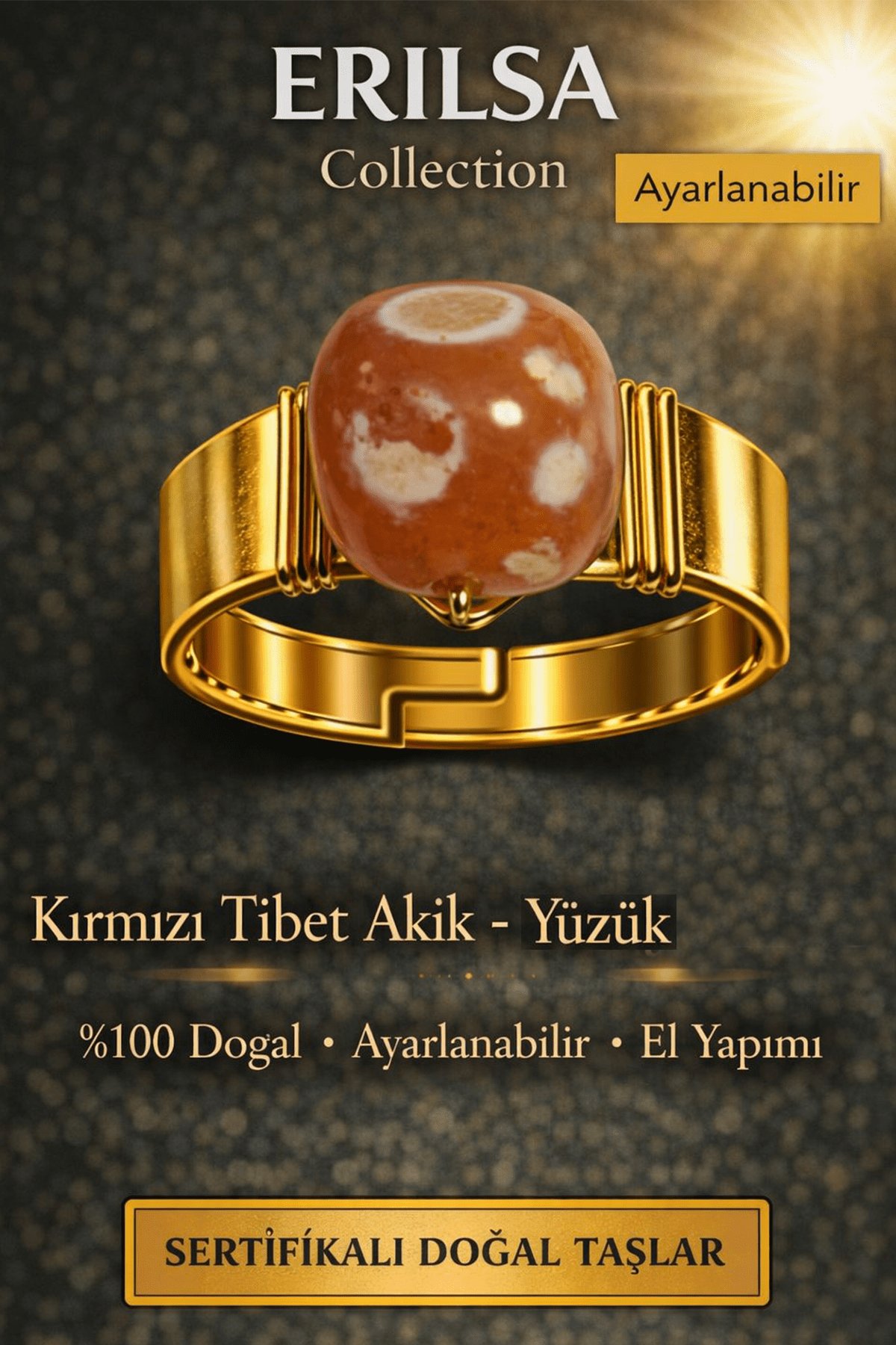 Sertifikalı Kırmızı Tibet Akik Yüzük Doğal Taş Yüzük Ayarlanabilir El Yapımı Enerji Taşı