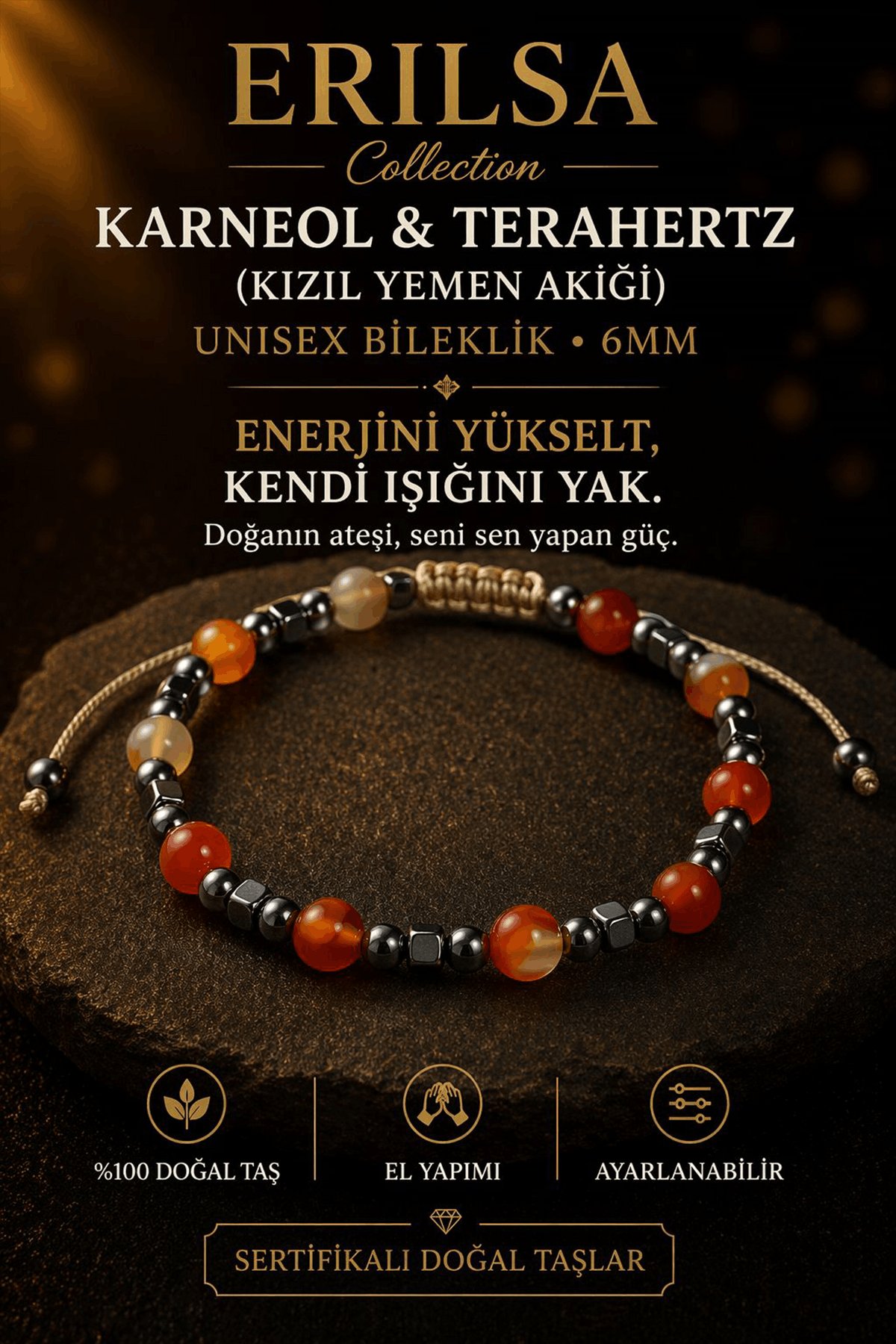Sertifikalı Karneol Terahertz Bileklik - 6 MM Doğal Taş Unisex Ayarlanabilir - Canlı Tasarım