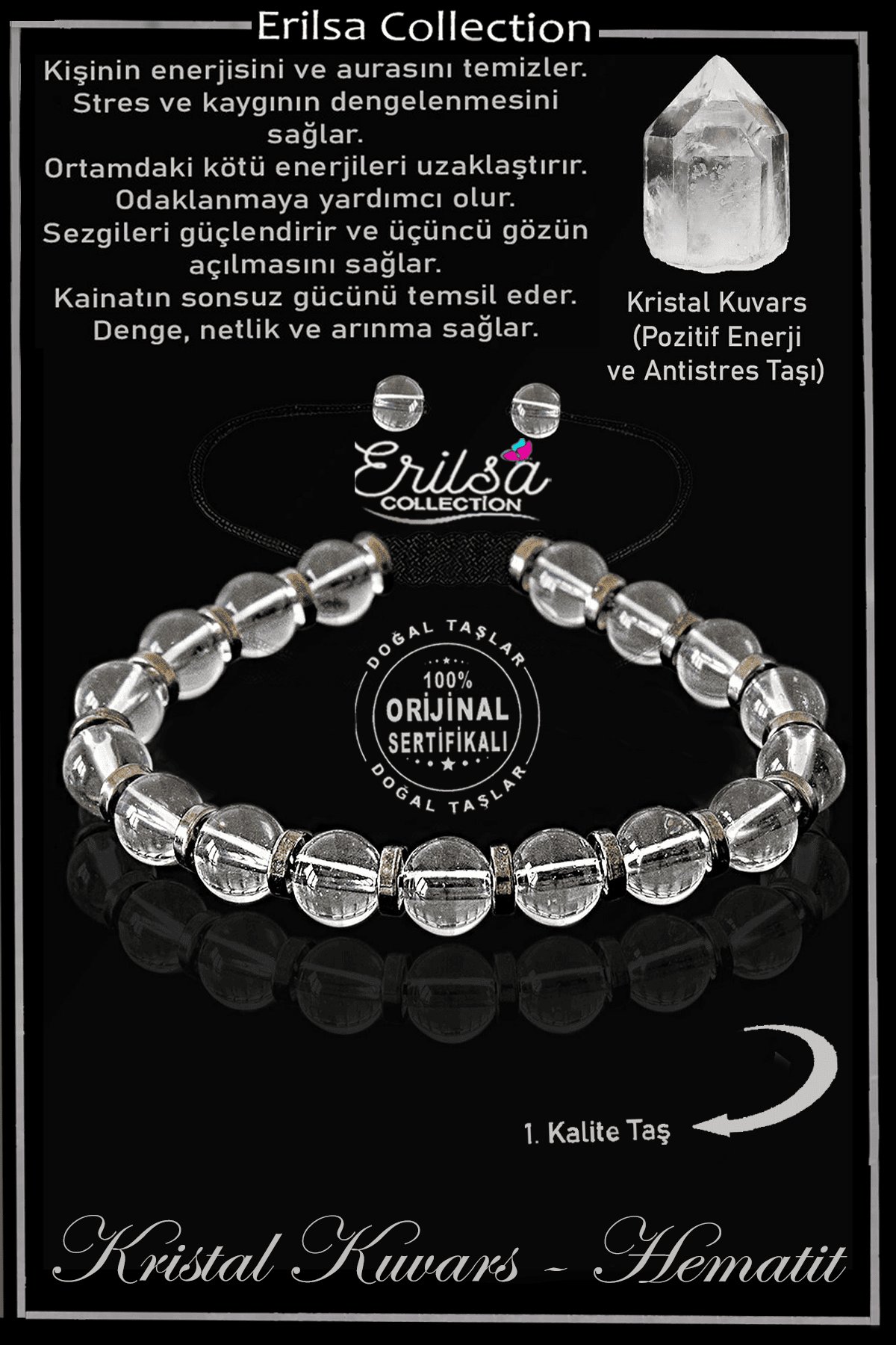 Sertifikalı Orijinal Hematit - Kristal Kuvars Taşı Bileklik - Ayarlamalı