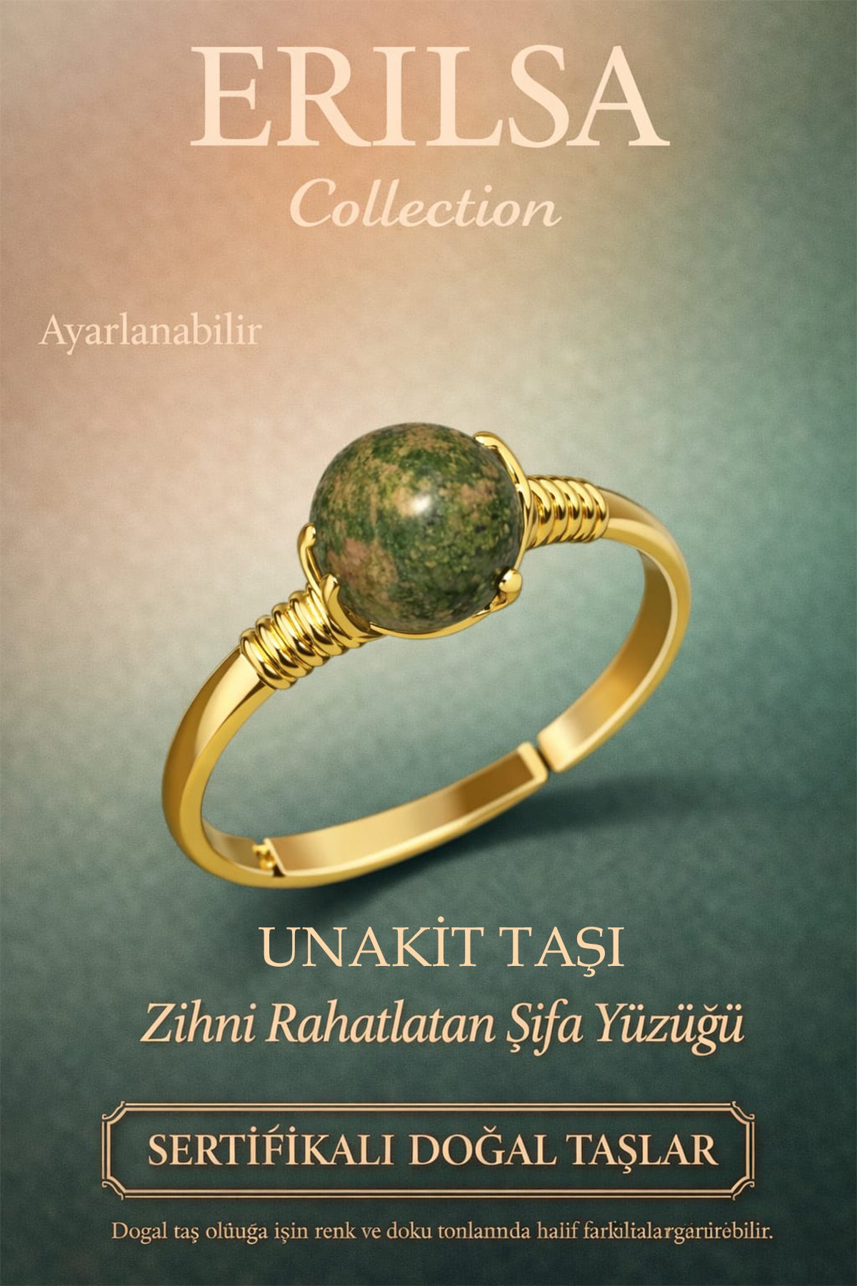 Sertifikalı Zihni Rahatlatan Şifa Yüzüğü – Unakit Taşı Ayarlanabilir Gold İnce Başak Terazi Burcu