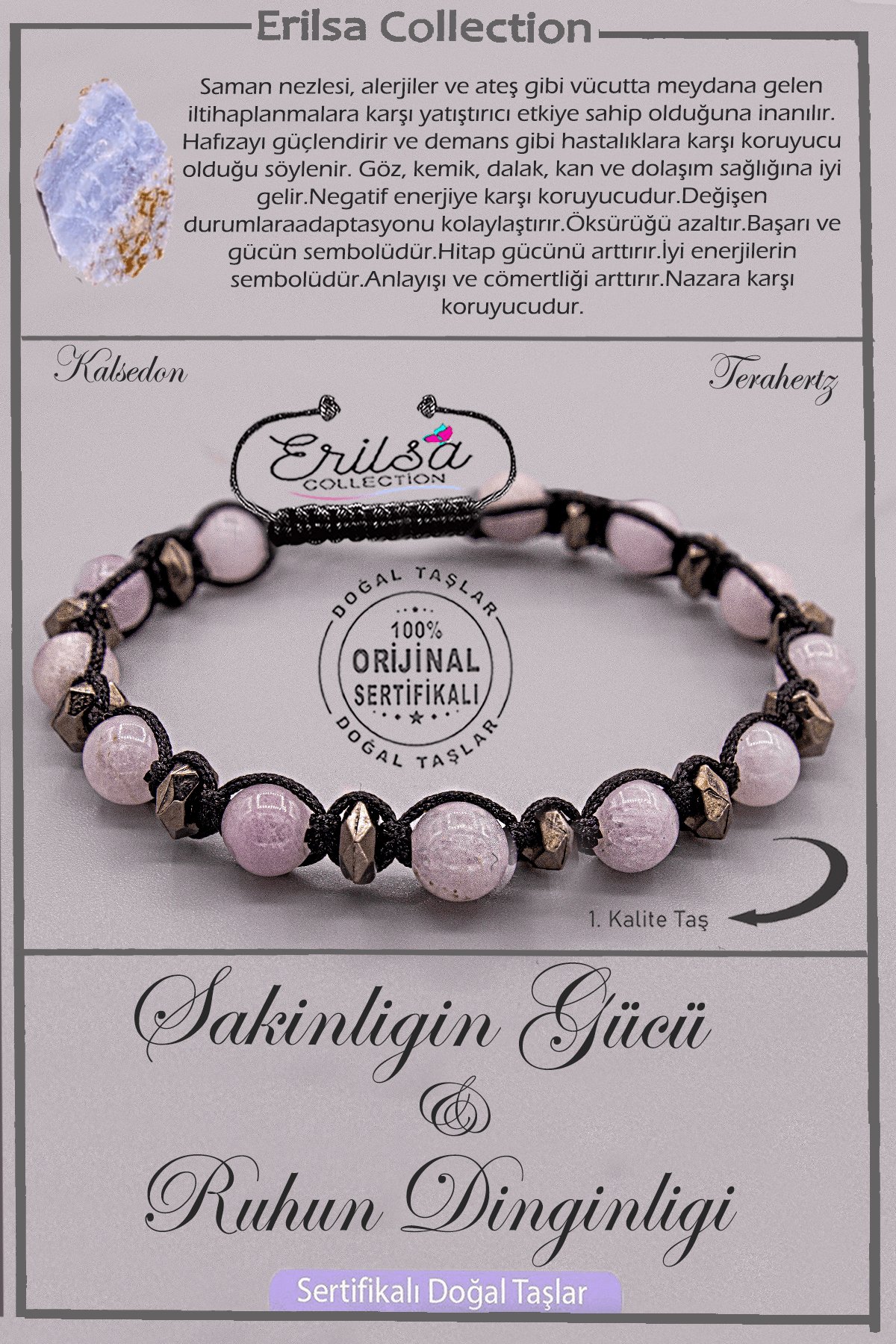 Sertifikalı AAA+ Kalite Doğal Gri Kalsedon Taşı - Sakinlik Güç Ruh Dinginliği Bilekliği