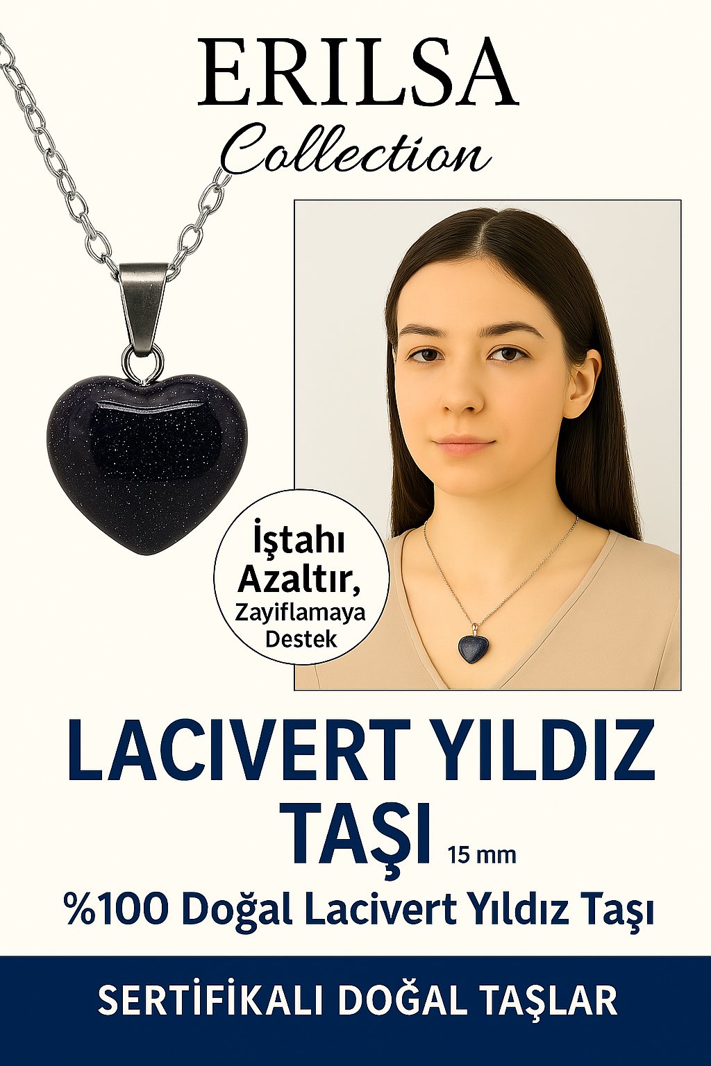 Sertifikalı Kalp Model Mini Lacivert Yıldız Taşı Kolye – Gece Işıltısı ve Ruhsal Koruma