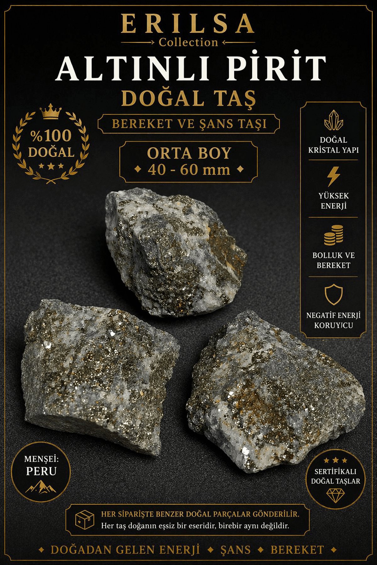 Sertifikalı Altınlı Pirit Doğal Taş Kütle 40-60 mm Orta Boy Ham Pirit Taşı