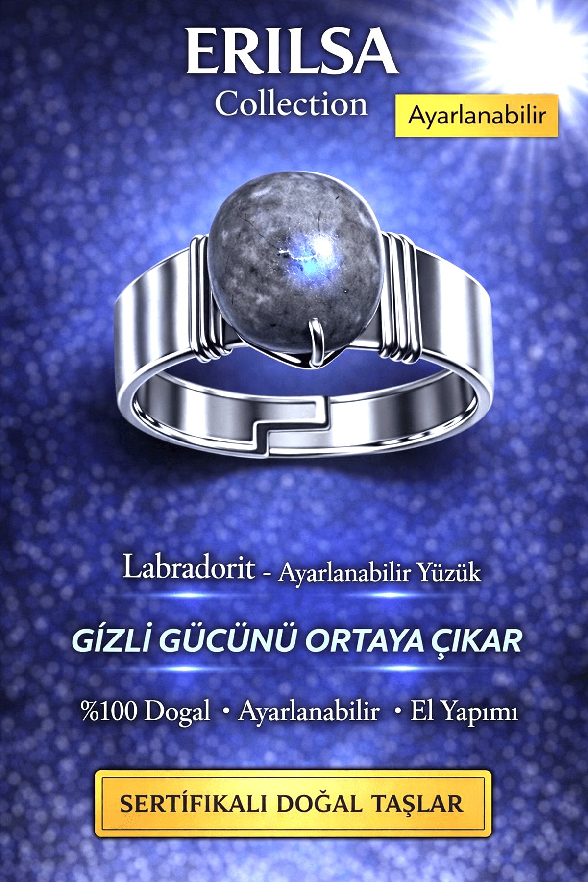 Sertifikalı Labradorit Taşı Yüzük Doğal Taş Ayarlanabilir El Yapımı Gizemli Tasarım